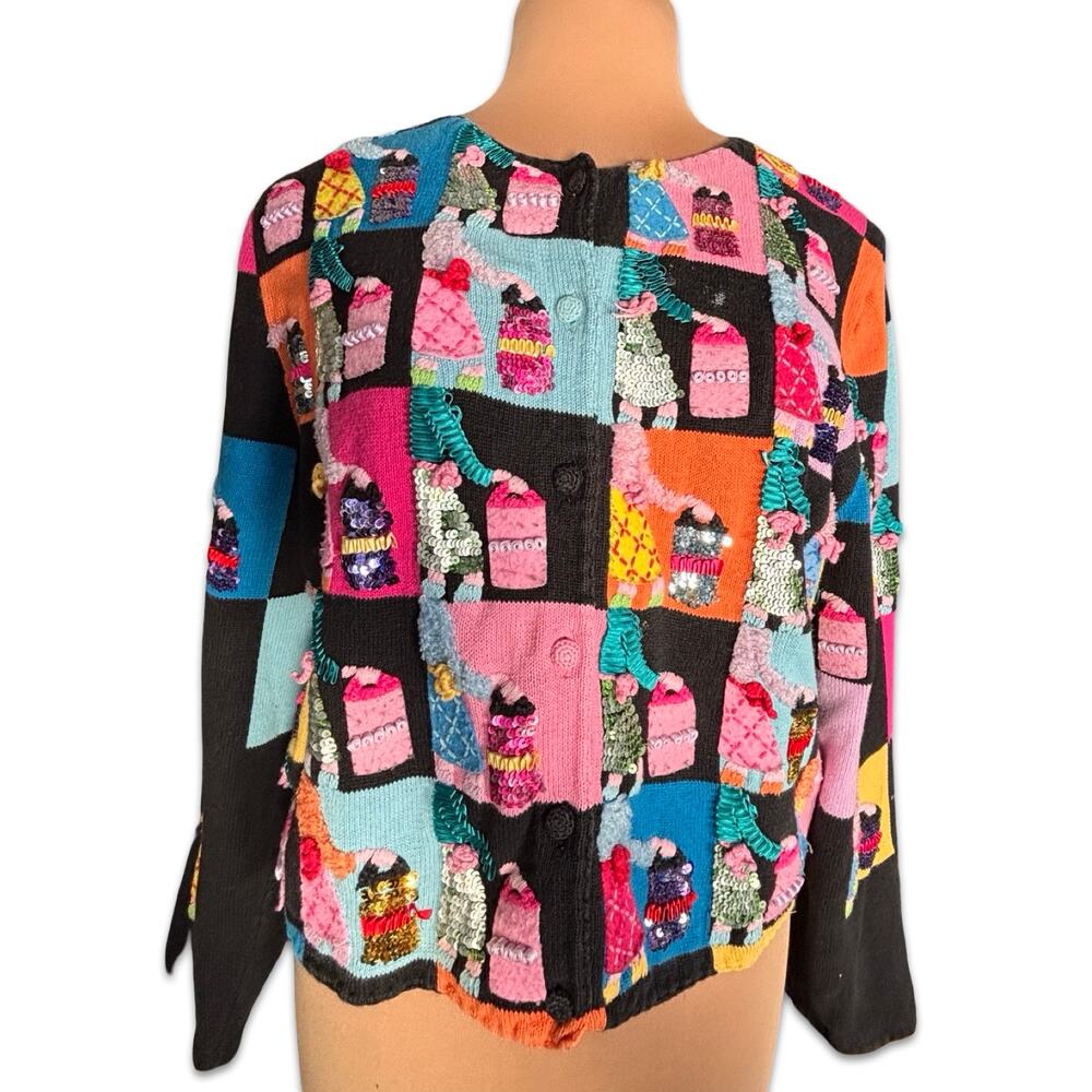 Vintage Michael Simon Patchwork Appliqu Knit Card… - image 1